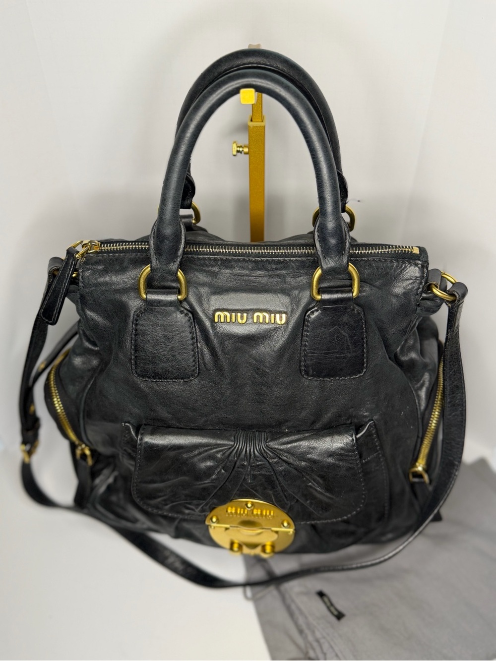 Miu Miu Vitello Lux 2way Bow Satchel Leather Shoulder Bag Black Gold PINK Y2K